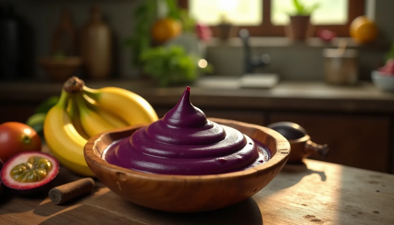 Bol en bois rempli de pulpe épaisse d'açaï violette posé sur une table rustique dans une cuisine traditionnelle brésilienne, entouré de fruits tropicaux frais