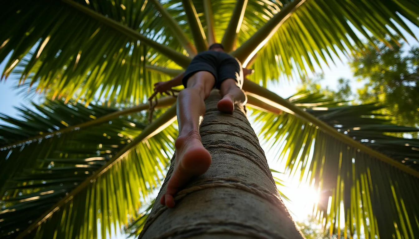 Récolteur brésilien d'açaï grimpant un grand palmier en Amazonie avec la technique traditionnelle de la corde, vu depuis le bas avec la canopée verte en arrière-plan