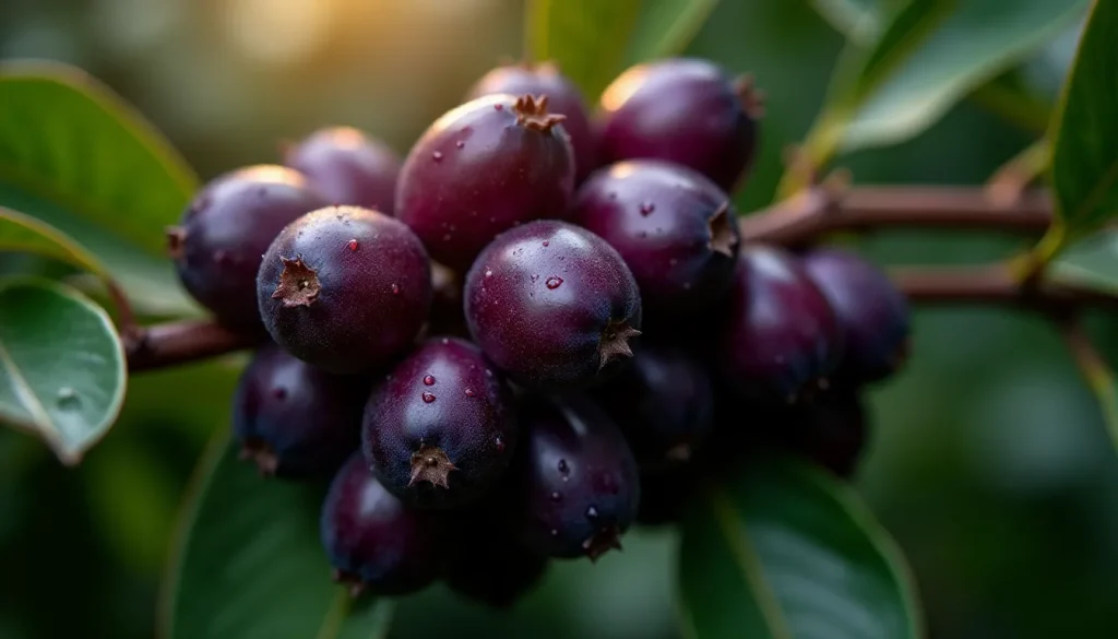 Grappe de baies d'açaï violettes sur un palmier en Amazonie, avec une lumière matinale filtrant à travers la forêt tropicale dense