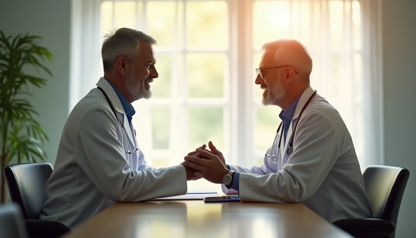 Professionnel de santé en consultation bienveillante avec un patient adulte dans un cabinet médical moderne, abordant des questions d'hygiène intime avec respect et dignité