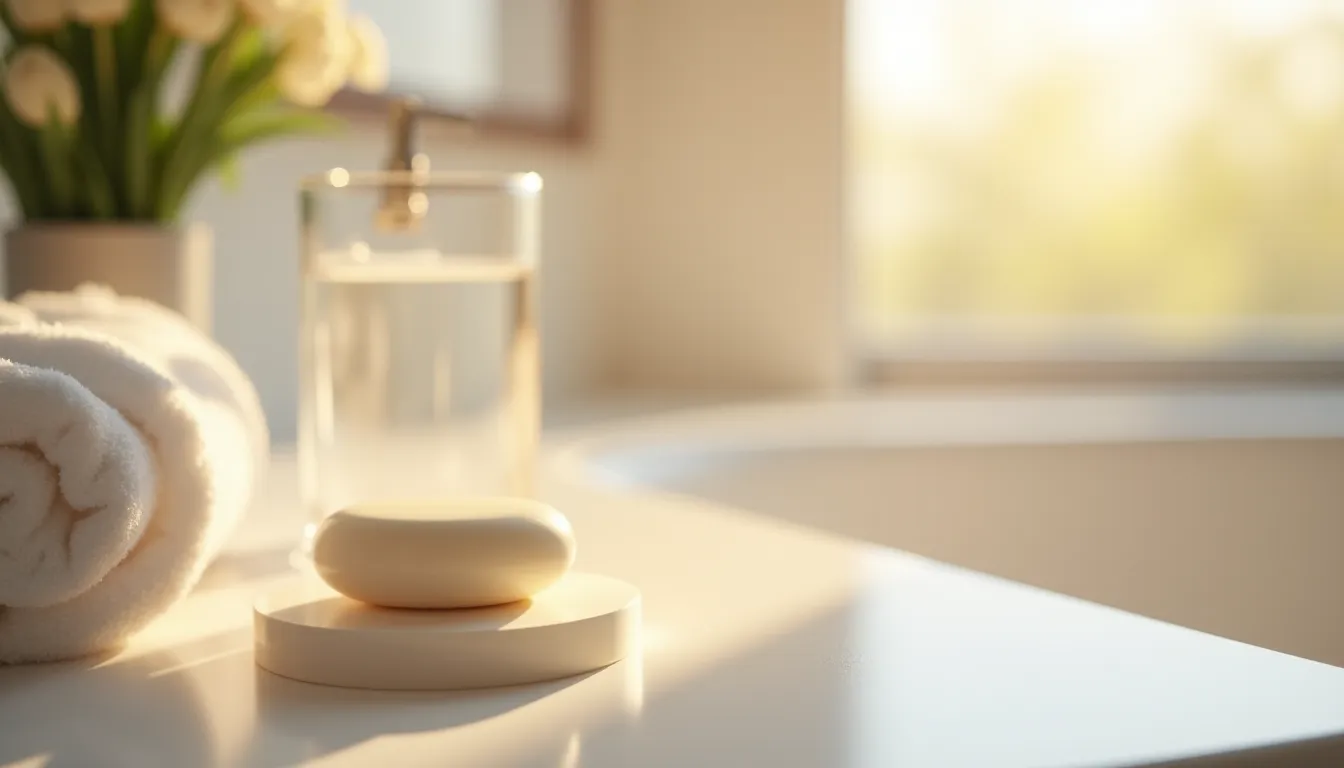 Comptoir de salle de bain épuré avec savon doux sans parfum, verre d'eau tiède et serviette blanche, illustrant les bons gestes d'hygiène intime quotidienne pour prévenir les problèmes de smegma
