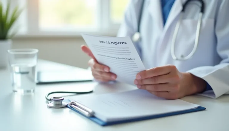 Mains de médecin tenant une brochure d'éducation à l'hygiène intime dans un cabinet médical lumineux, illustrant la prévention des problèmes liés au smegma