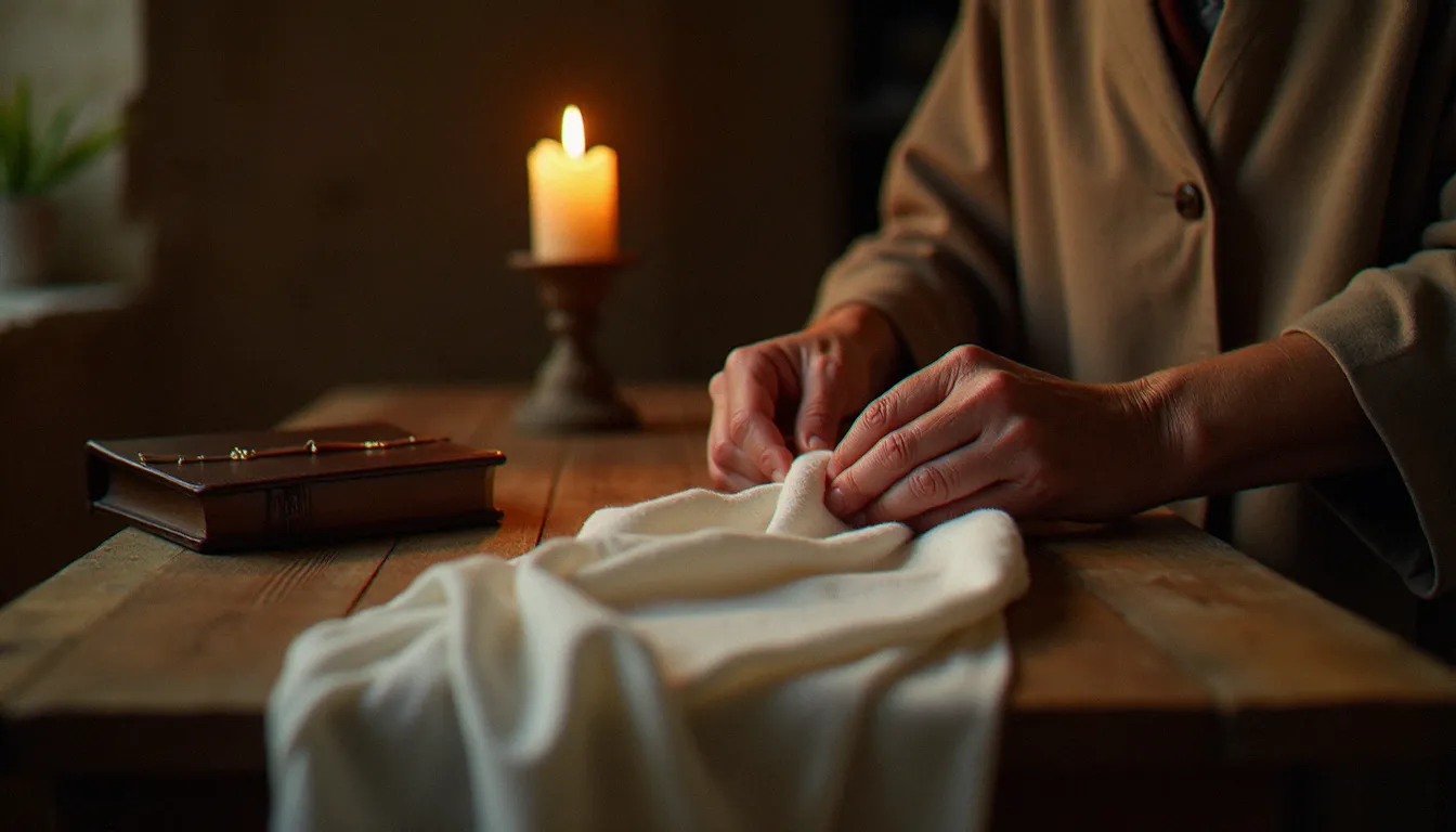 Mains âgées et recueillies préparant un linge de cérémonie à la lumière d'une bougie dans une chapelle sobre, illustrant la foi incarnée et une spiritualité transmise par les gestes