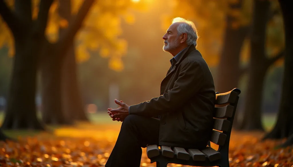 Homme d'une cinquantaine d'années assis en silence sur un banc de parc à l'heure dorée, évoquant une spiritualité contemplative et incarnée dans la vie ordinaire