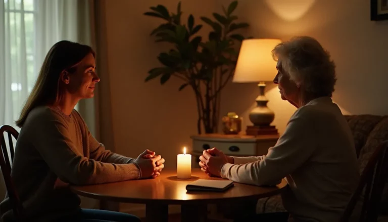 Une femme en consultation avec un médium autour d'une table en bois à la lumière d'une bougie, illustrant la quête humaine derrière le medium prix consultation