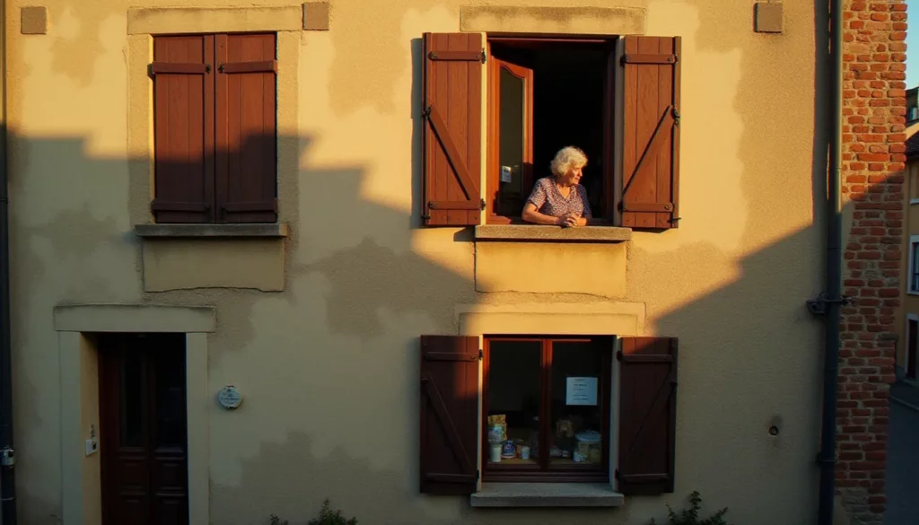 Immeuble résidentiel français avec une femme âgée à la fenêtre au coucher du soleil, illustrant la réalité humaine du medium prix m2 dans une ville française