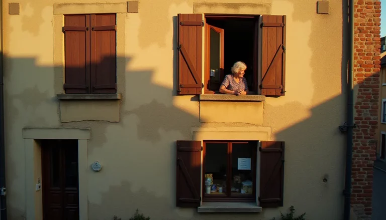 Immeuble résidentiel français avec une femme âgée à la fenêtre au coucher du soleil, illustrant la réalité humaine du medium prix m2 dans une ville française