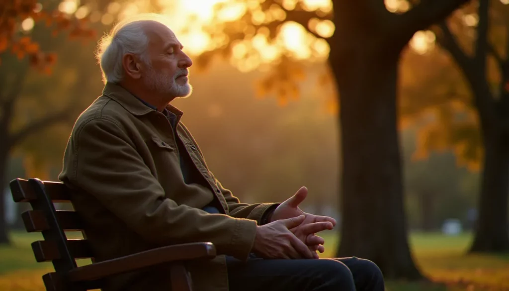 Homme âgé en méditation silencieuse dans un parc à la lumière du soir, illustrant la notion spiritualité comme quête intérieure ordinaire