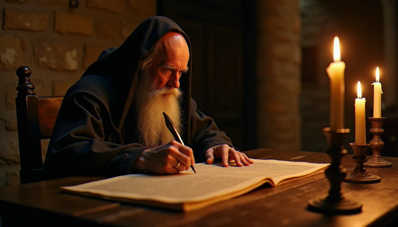 Moine copiste médiéval transcrivant un manuscrit latin à la lumière d'une bougie dans un scriptorium monastique