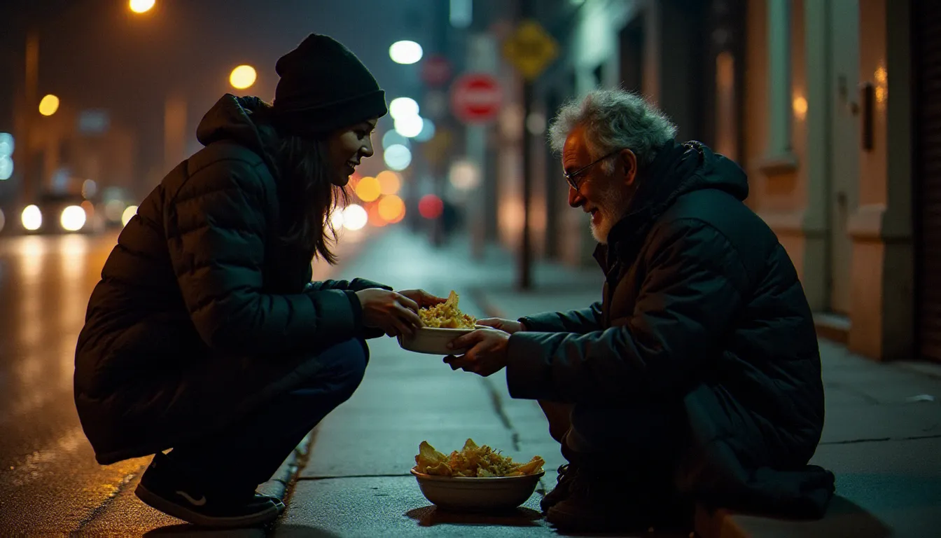 Bénévole offrant un repas chaud à une personne sans abri dans une rue de ville la nuit, illustrant l'engagement incarné issu de la spiritualité latine