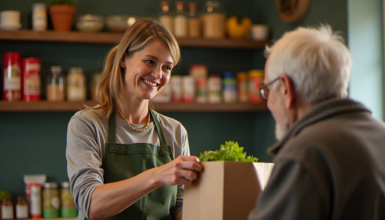 Une bénévole remettant un colis alimentaire à une personne dans le besoin, symbole du don gratuit au cœur de la spiritualité concrète