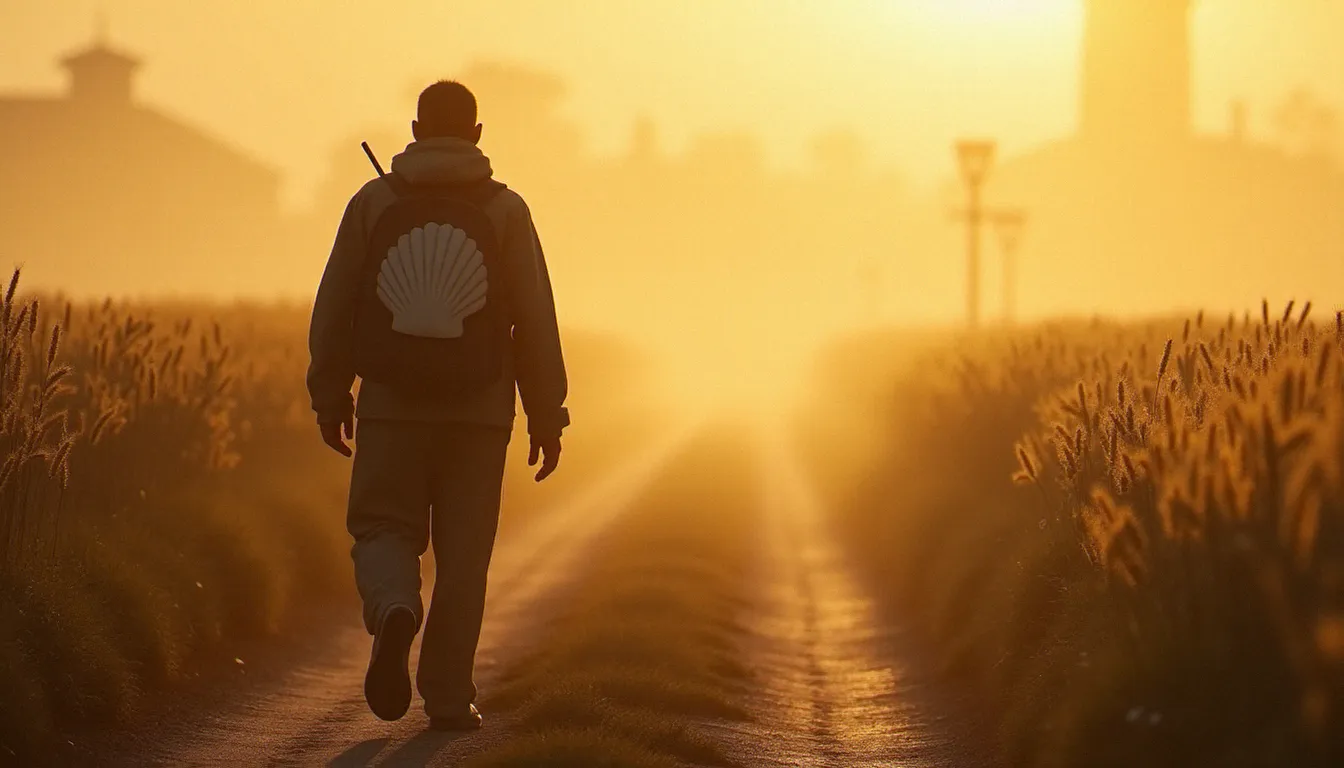 Un pèlerin marchant seul à l'aube sur un chemin rural français, incarnant le prix du renoncement et de l'engagement spirituel