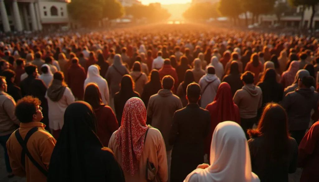 Une foule immense et diverse rassemblant des croyants de différentes religions du monde, symbolisant la religion avec le plus de croyant et la pluralité des foi humaines