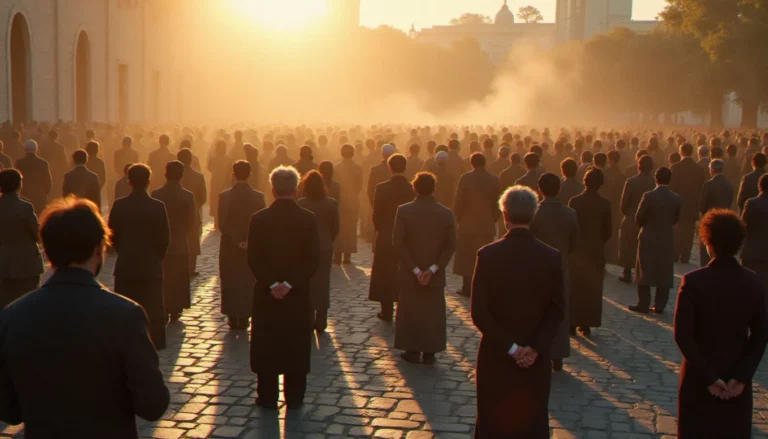 Foule diverse et silencieuse rassemblée en prière au lever du soleil sur une place de pierre, représentant l'universalité de la religion avec le plus de pratiquants dans le monde