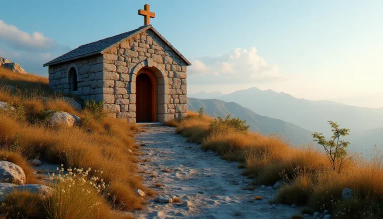 Une chapelle de pierre ancienne éclairée par la lumière dorée du coucher de soleil, symbole de la religion avec un seul dieu à travers les siècles