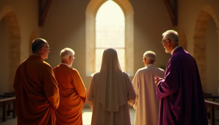 Des représentants de traditions religieuses différentes réunis dans une chapelle baignée de lumière dorée, illustration du lien profond entre religion et Prix Nobel de la Paix