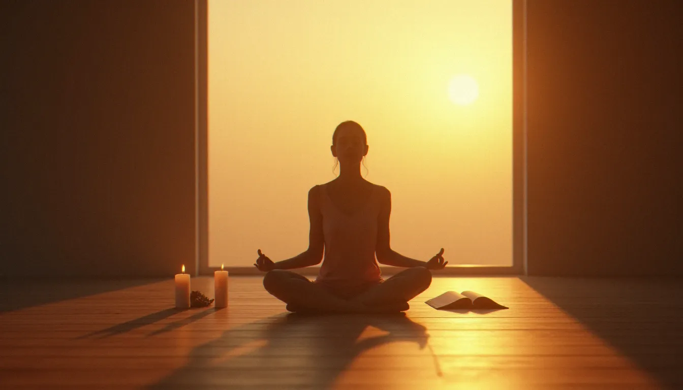 Personne en méditation matinale près d'une fenêtre éclairée par la lumière du lever du soleil, pratique de spiritualité personnelle dans un espace de silence