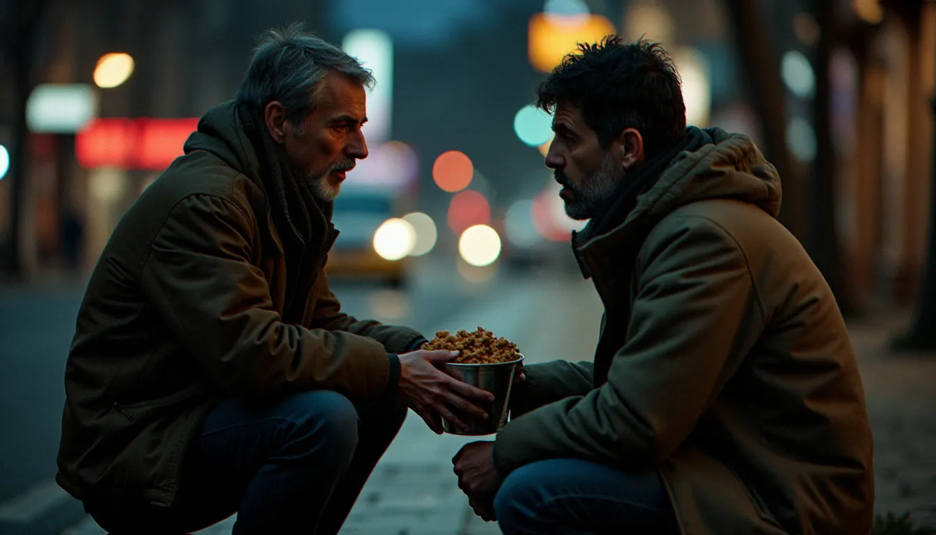 Bénévole tendant un repas chaud à un homme sans abri dans la rue la nuit, geste de solidarité concrète incarnant la foi vécue et la spiritualité engagée