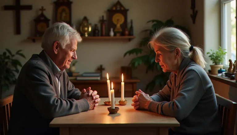 Homme et femme en moment de recueillement spirituel partagé dans un lieu de vie communautaire, illustrant la rencontre entre religion et spiritualité vécue