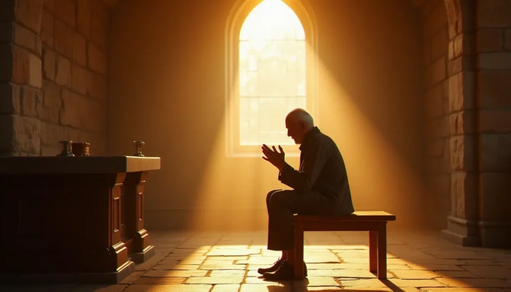 Un homme en prière dans une chapelle de pierre baignée de lumière dorée, illustrant la spiritualité avec Dieu dans le silence et le recueillement