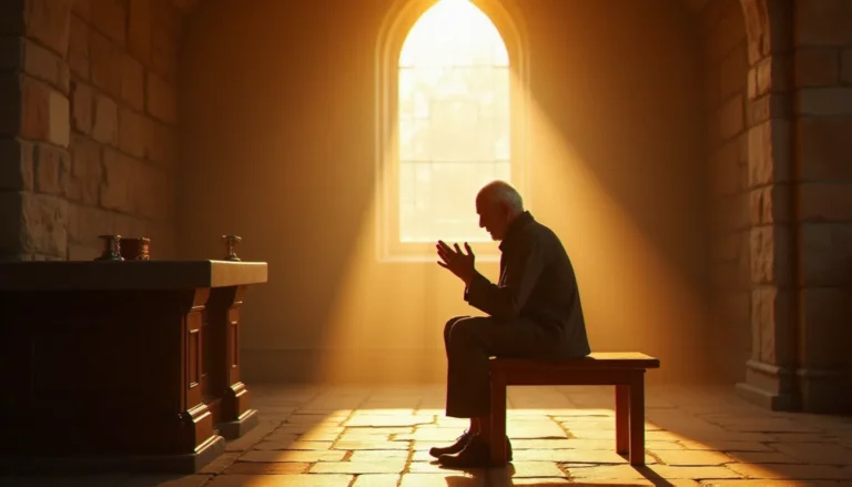 Un homme en prière dans une chapelle de pierre baignée de lumière dorée, illustrant la spiritualité avec Dieu dans le silence et le recueillement