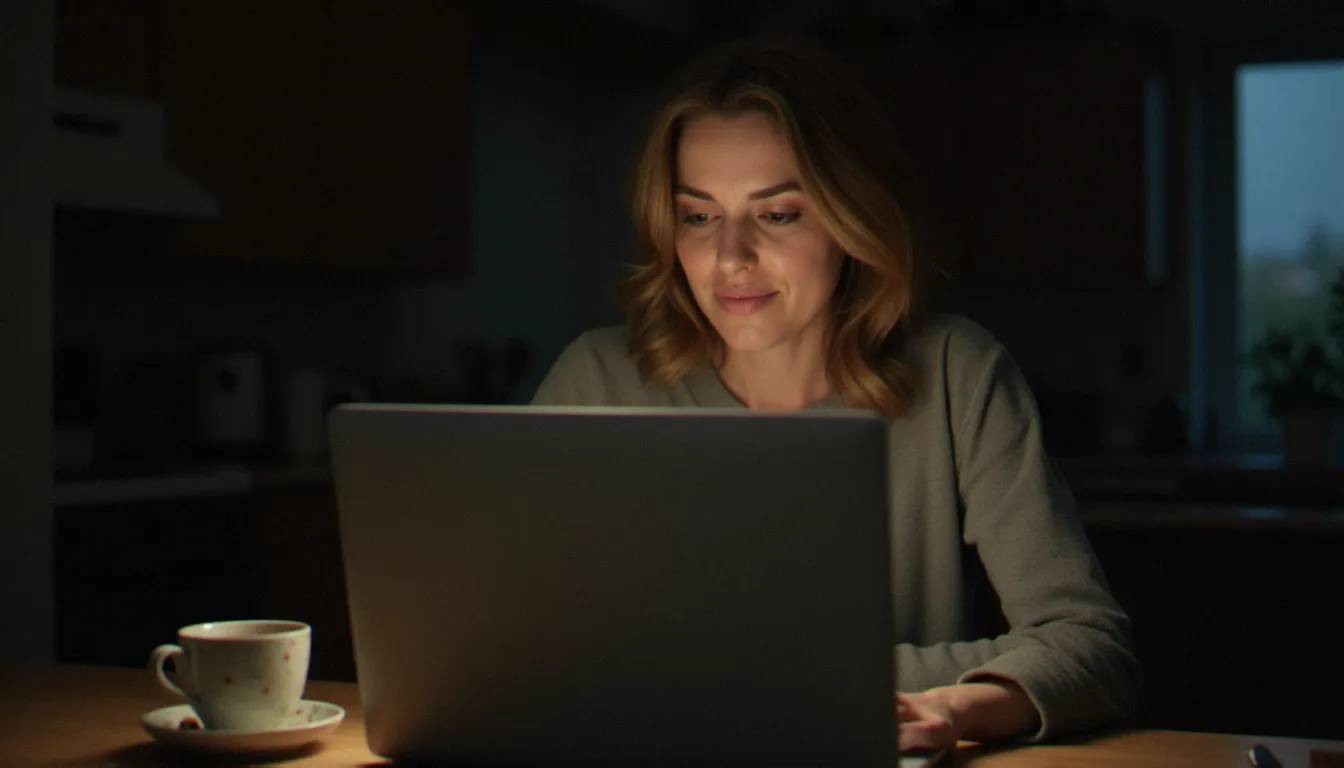 Une femme consultant des avis en ligne sur une plateforme de spiritualité depuis sa cuisine, cherchant un accompagnement fiable et authentique