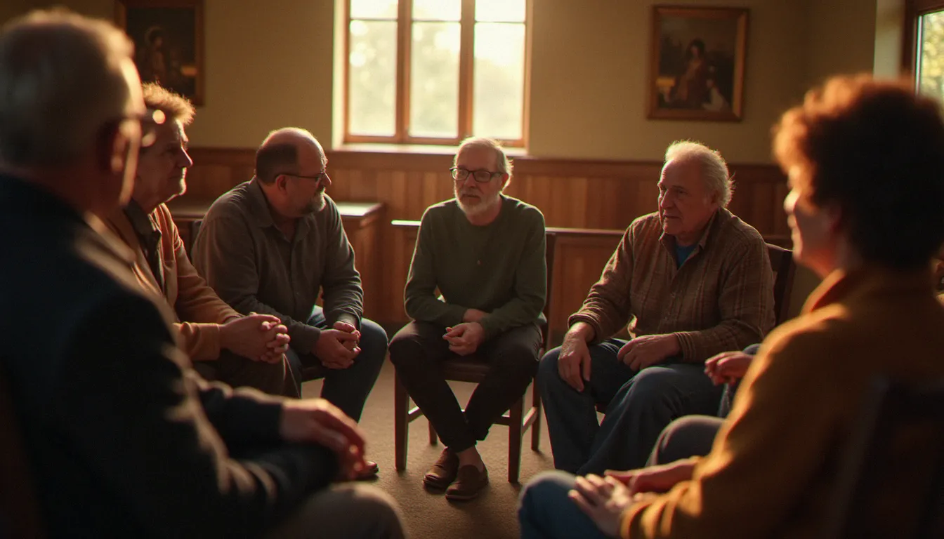 Un groupe de personnes réunies en cercle dans une salle communautaire, illustrant la spiritualité incarnée dans la solidarité et le lien humain réel