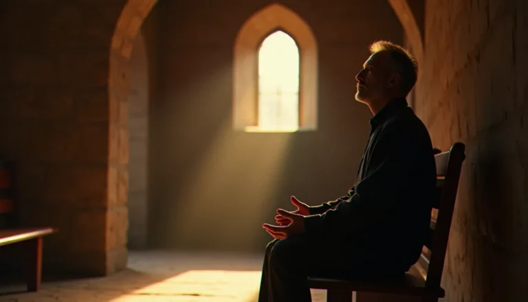 Un homme en recueillement dans une chapelle éclairée par la lumière du matin, illustrant la pratique de la spiritualité comment faire au quotidien