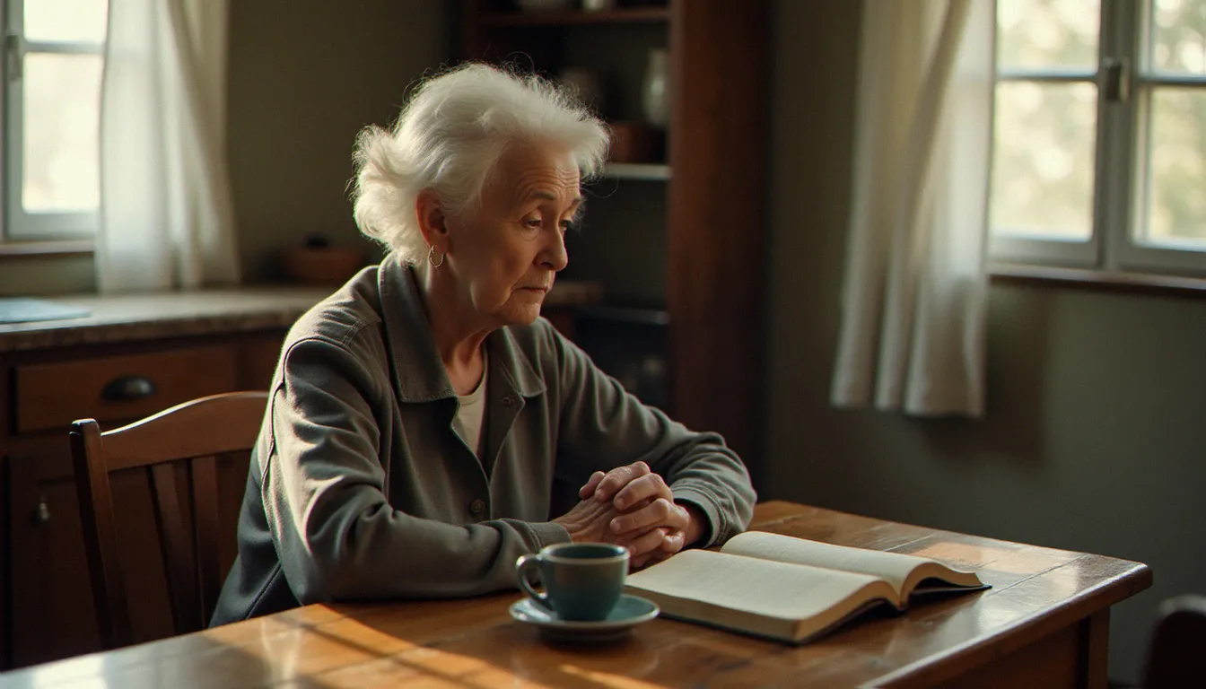 Une femme âgée assise à une table en bois usé, les mains autour d'une tasse chaude, un livre ouvert à ses côtés, symbolisant une pratique spirituelle quotidienne et un enracinement intérieur patient