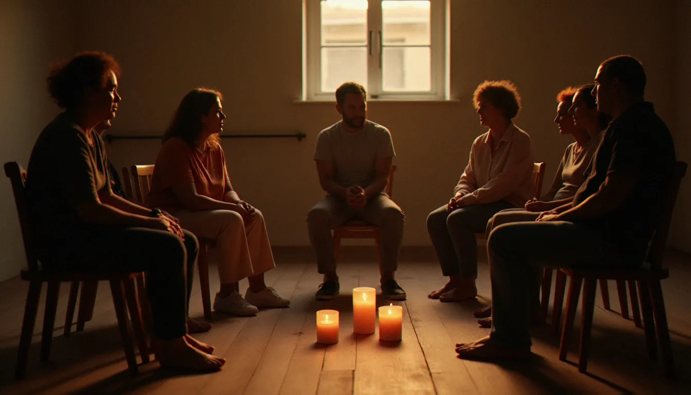 Un petit groupe de personnes de différents âges réunies en cercle dans une salle communautaire simple avec des bougies au centre, illustrant l'importance de la communauté dans l'enracinement spirituel quotidien