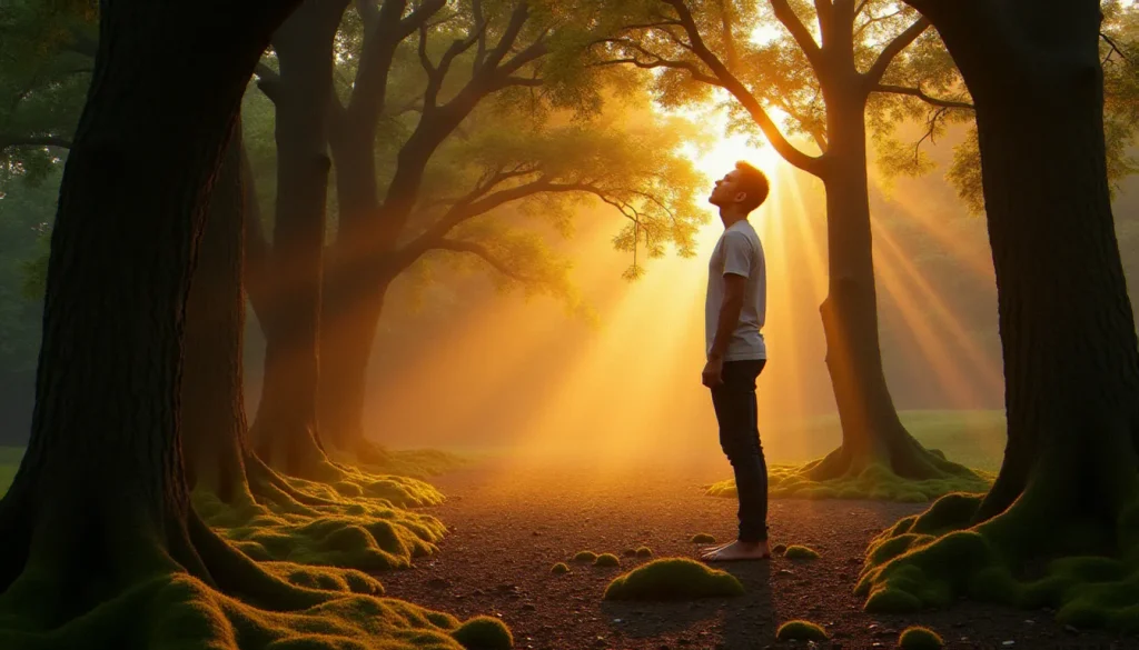 Un homme debout pieds nus au seuil d'une forêt ancienne à l'aube, illustrant la spiritualité et comment s'enraciner dans le silence et la présence contemplative
