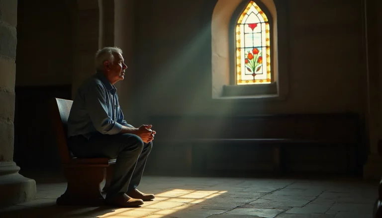 Un homme en contemplation silencieuse dans une chapelle de pierre ancienne, illustrant la démarche de spiritualité et comment s'initier à une vie intérieure authentique