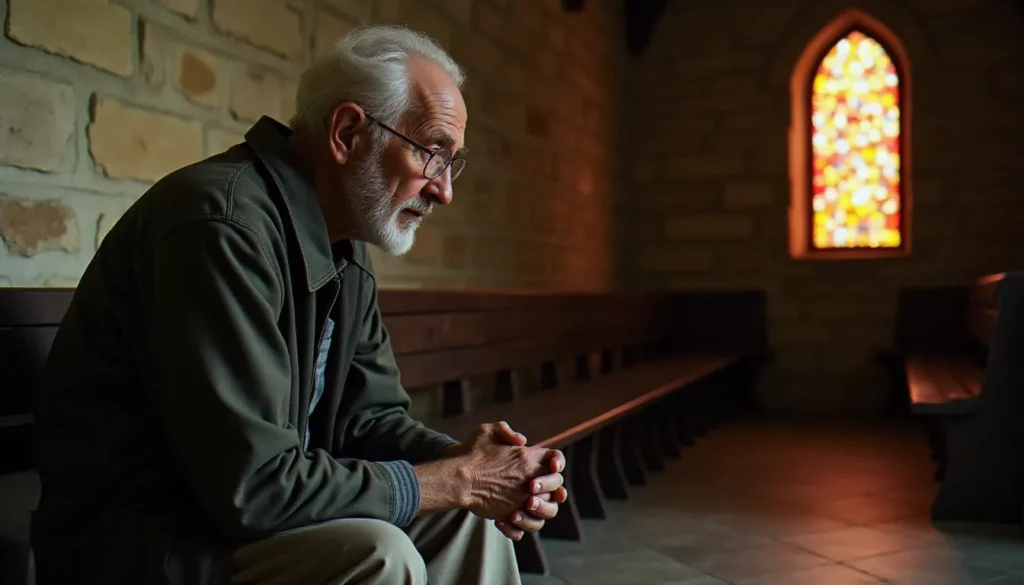 Homme âgé en posture de contemplation spirituelle dans une chapelle en pierre, illustrant la définition de la spiritualité vécue