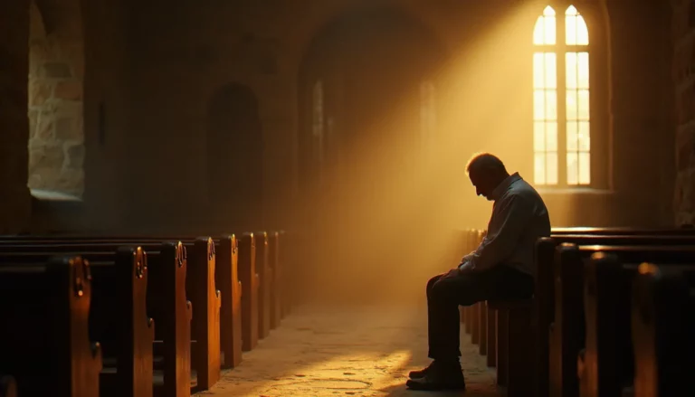 Un homme en recueillement silencieux dans une chapelle romane française baignée de lumière dorée, illustrant la quête de spiritualité en France