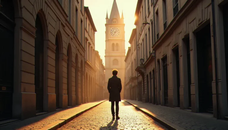 Personne immobile devant une horloge d'église affichant 12h02 dans une rue pavée de Nantes, illustrant la spiritualité de l'heure 12h02 sous la lumière dorée du midi