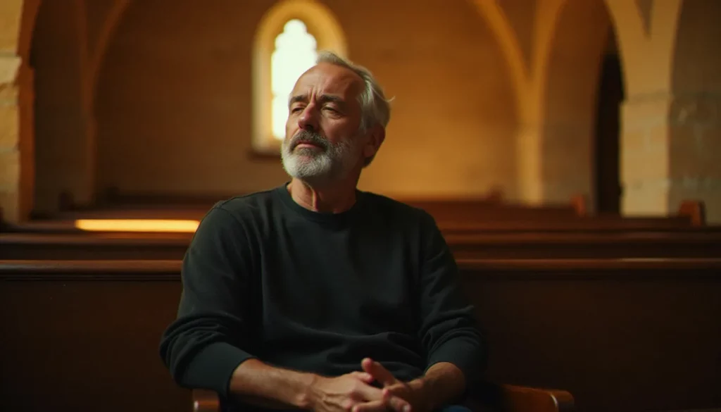 Un homme en prière contemplative dans une chapelle aux murs de pierre dorée, illustrant la pratique de la spiritualité ignatienne dans le silence