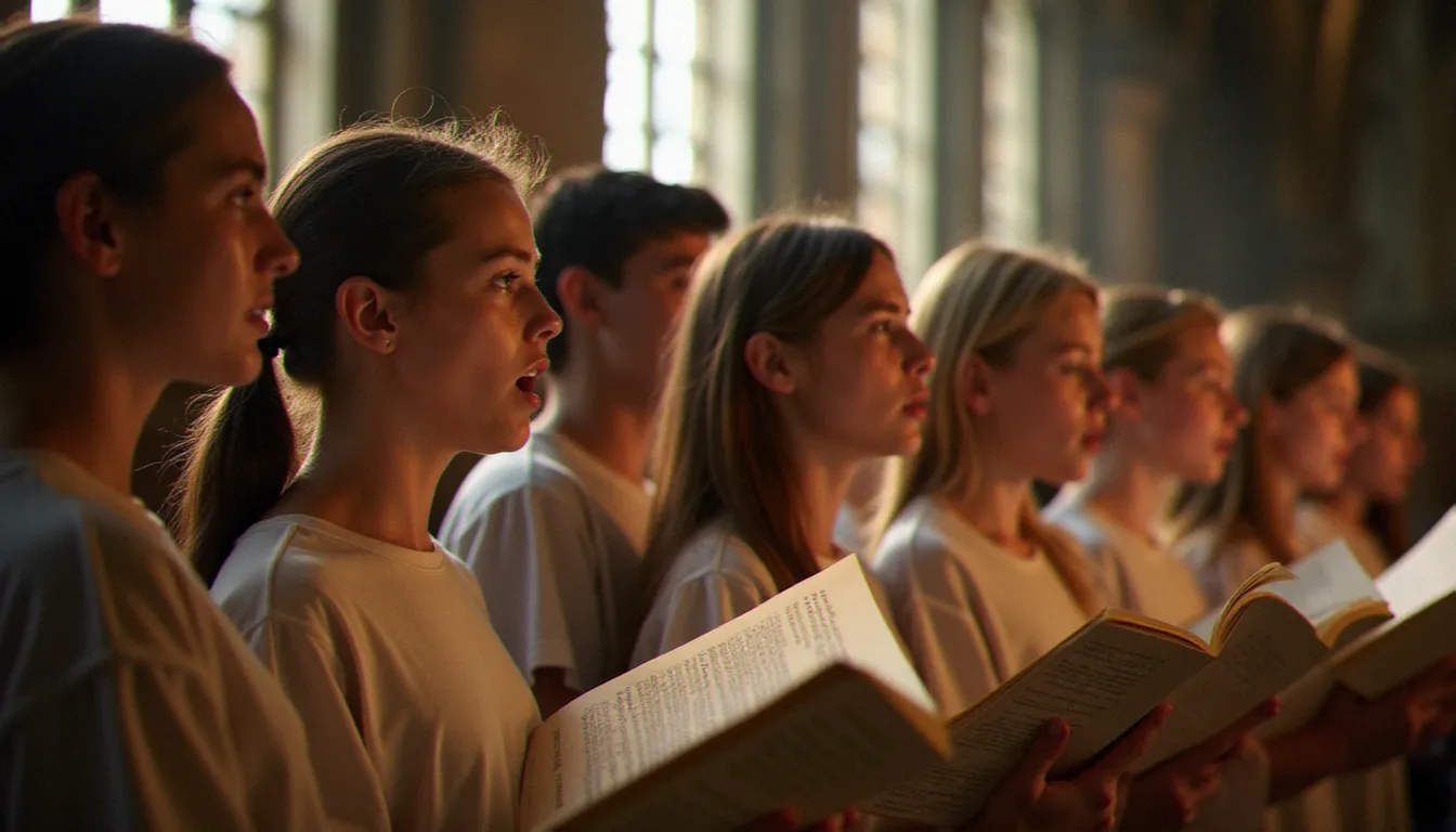 Une chorale de jeunes adultes chantant des textes latins en plain-chant grégorien dans une cathédrale gothique, évoquant la transmission vivante du patrimoine latin ecclésiastique