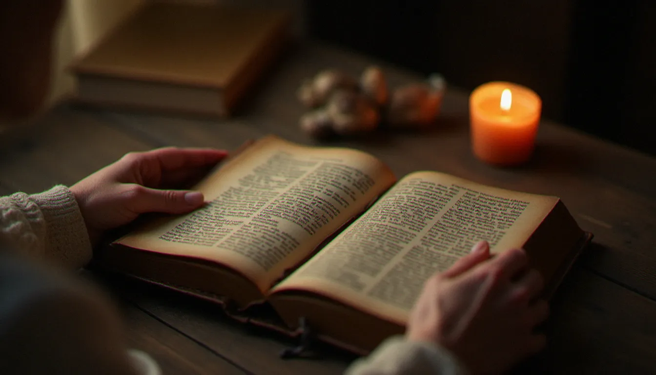 Les mains d'une femme âgée tenant un vieux livre de prières latines usé avec des annotations manuscrites, symbole de la transmission intime de la spiritualité latin ecclésiastique de génération en génération