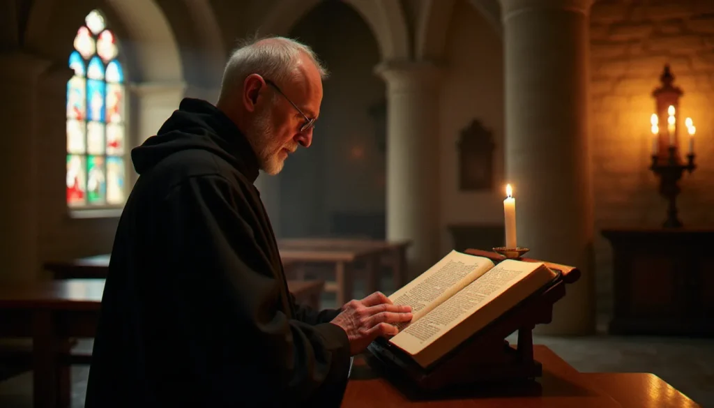 Un moine en prière dans une chapelle romane devant un missel latin ouvert, illustrant la spiritualité latin ecclésiastique dans son cadre liturgique traditionnel