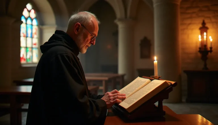 Un moine en prière dans une chapelle romane devant un missel latin ouvert, illustrant la spiritualité latin ecclésiastique dans son cadre liturgique traditionnel