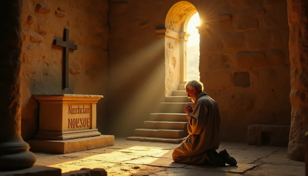 Un homme en prière solitaire dans une chapelle romane aux murs gravés d'inscriptions latines, illustrant la profondeur de la spiritualité latin dans le silence et la contemplation