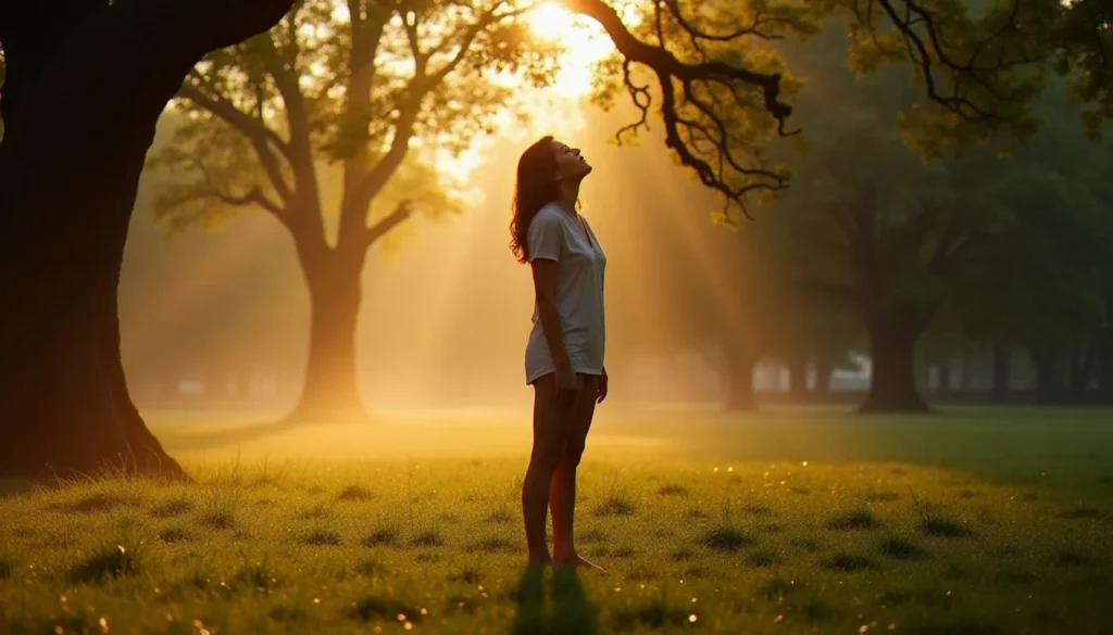 Une personne debout pieds nus dans l'herbe humide à l'aube, yeux fermés, mains ouvertes, pratiquant la spiritualité naturelle dans une clairière baignée de lumière dorée en forêt