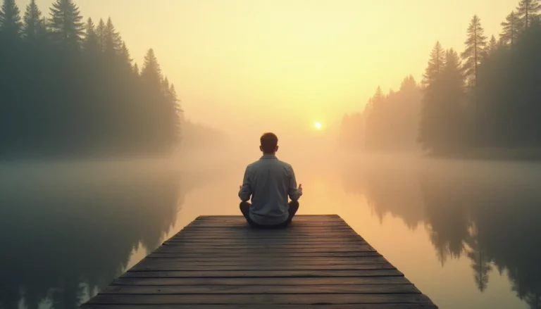 Personne en posture de recueillement sur un ponton au lever du soleil, illustrant la quête intérieure liée à la spiritualité new age