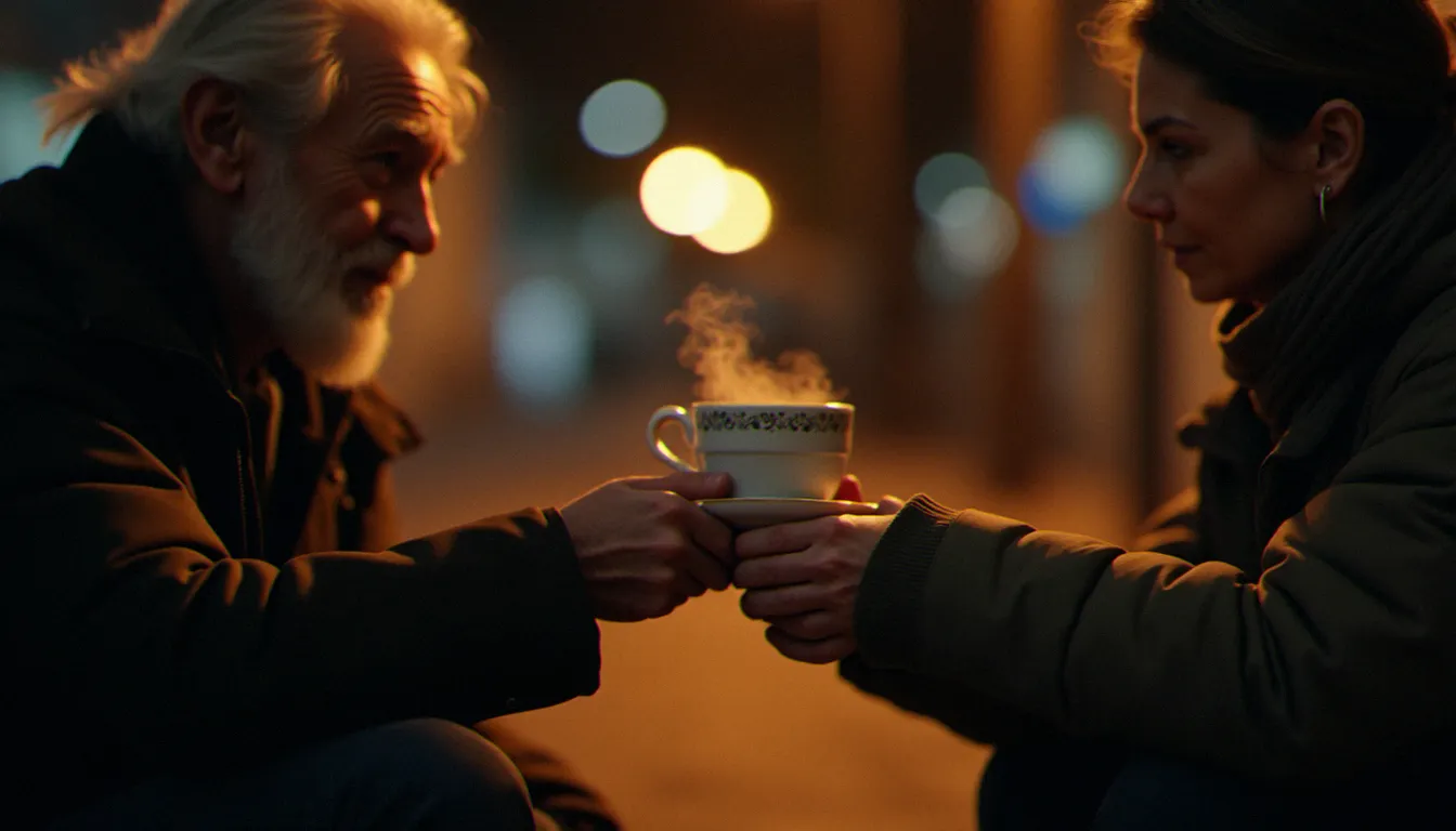 Des mains tendant une tasse de thé chaude à une personne sans abri dans la rue la nuit, geste de solidarité incarnant la spiritualité vécue au quotidien sans référence religieuse