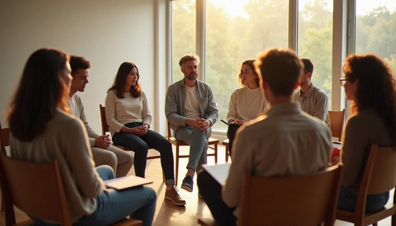 Un groupe de personnes assises en cercle de parole dans une salle baignée de lumière matinale, illustrant les communautés contemporaines de partage de sens dans la quête de spiritualité laïque