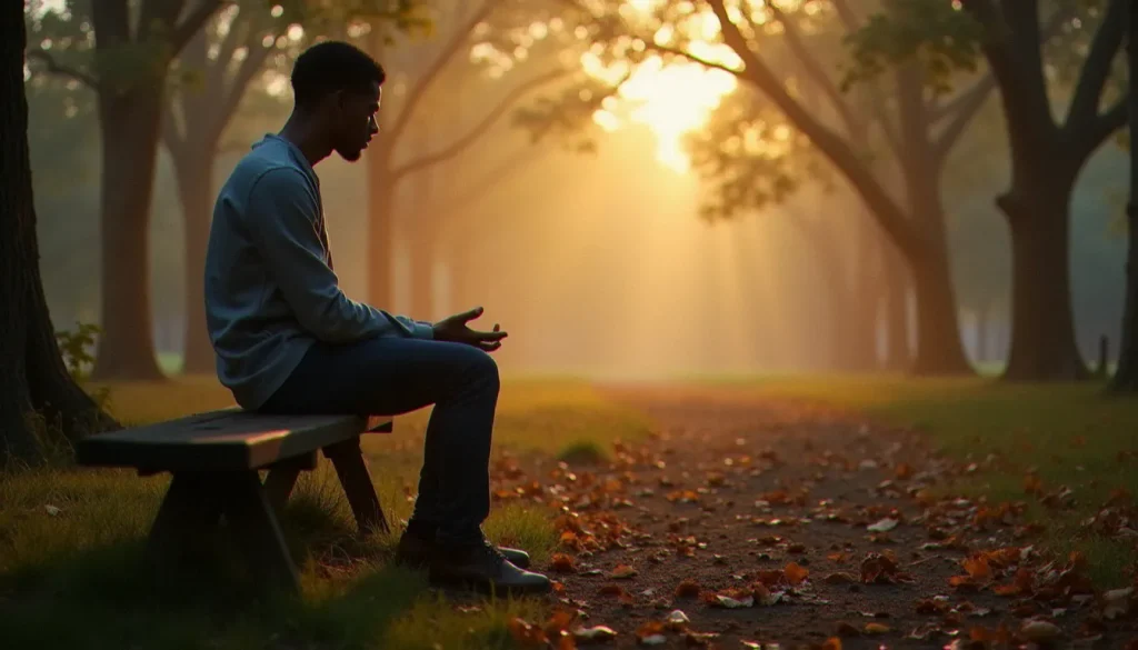 Une personne assise en posture contemplative sur un banc en bois dans une clairière forestière brumeuse à l'aube, illustrant la quête de spiritualité sans dieu dans le silence de la nature