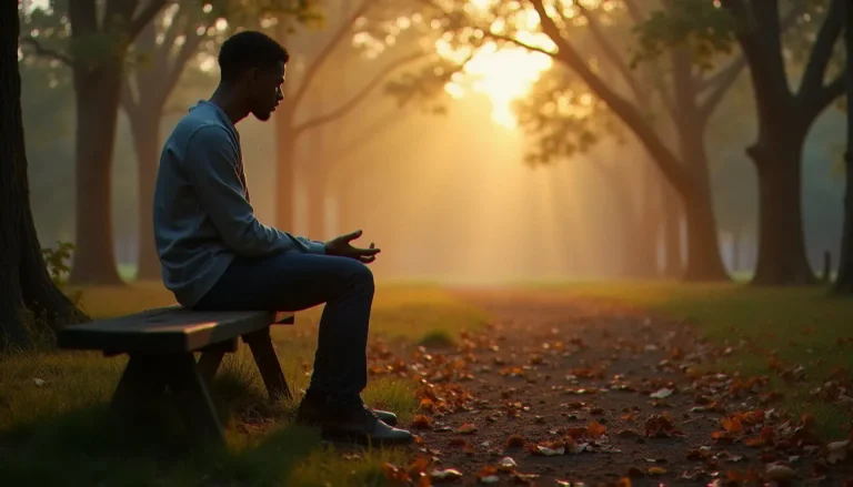 Une personne assise en posture contemplative sur un banc en bois dans une clairière forestière brumeuse à l'aube, illustrant la quête de spiritualité sans dieu dans le silence de la nature