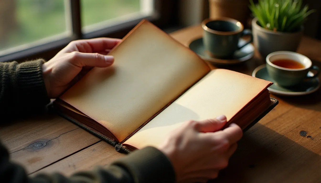 Mains tenant un journal intime ouvert sur une table en bois, pratique quotidienne de réflexion intérieure dans une démarche de spiritualité personnelle