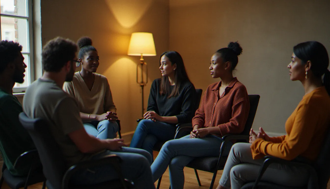 Groupe de personnes réunies en cercle de parole dans une salle associative, illustrant la recherche de communauté dans une spiritualité sans institution