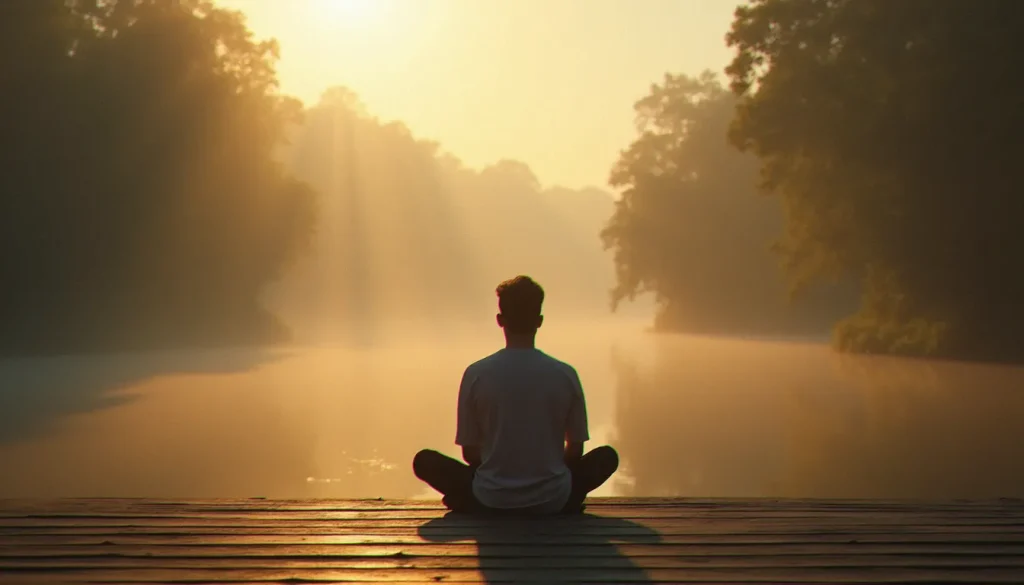 Personne en méditation silencieuse au bord d'une rivière à l'aube, illustrant la spiritualité sans religion vécue dans la nature
